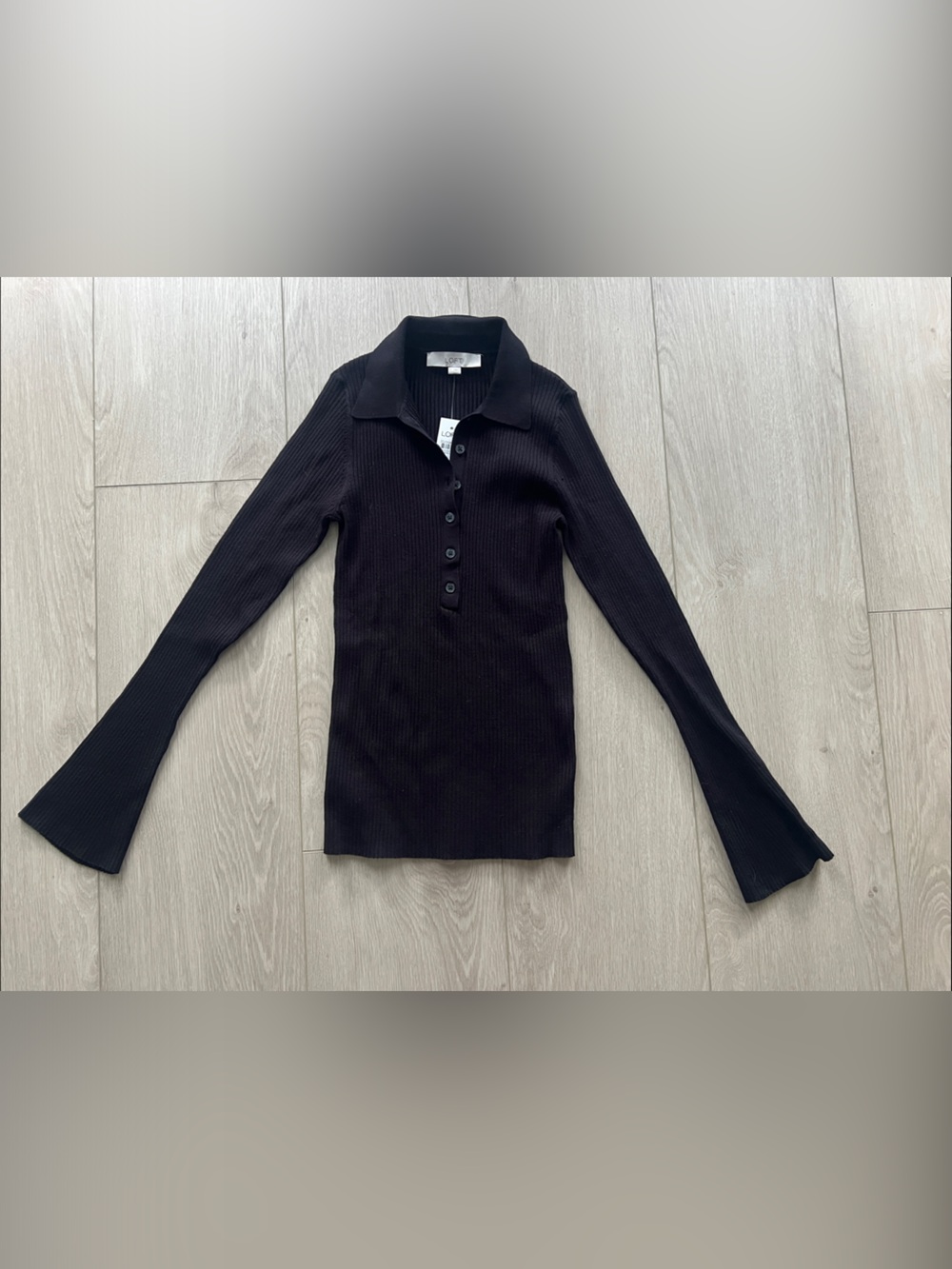 LOFT Black Ribbed Button Polo Top with Flared Sleeves